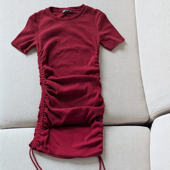 ZARA Oxblood/Burgundy Red Ruched Mini Bodycon Dress, Size M - Picture 2 of 9